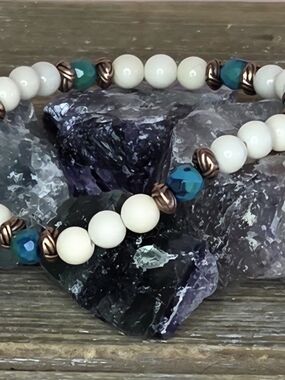 Ivory Jade, Azurite and Copper Beaded Bracelet
